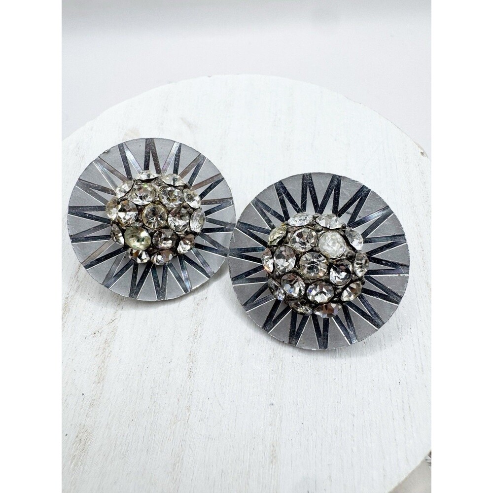 Vintage Germany Mid Century Atomic Sputnik Rhinestone Clip On Earrings Silver